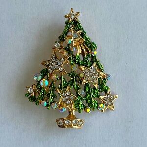 Brooch, Christmas tree, NIP, green & gold, rhinestones, approx. 2”x1.5”